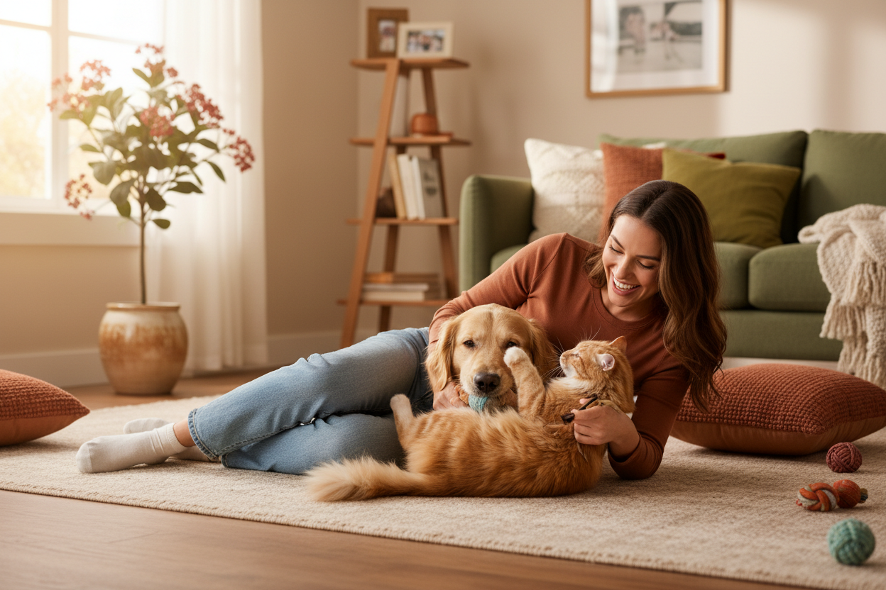 make a premium banner of cat and dod playing with human no text written on it